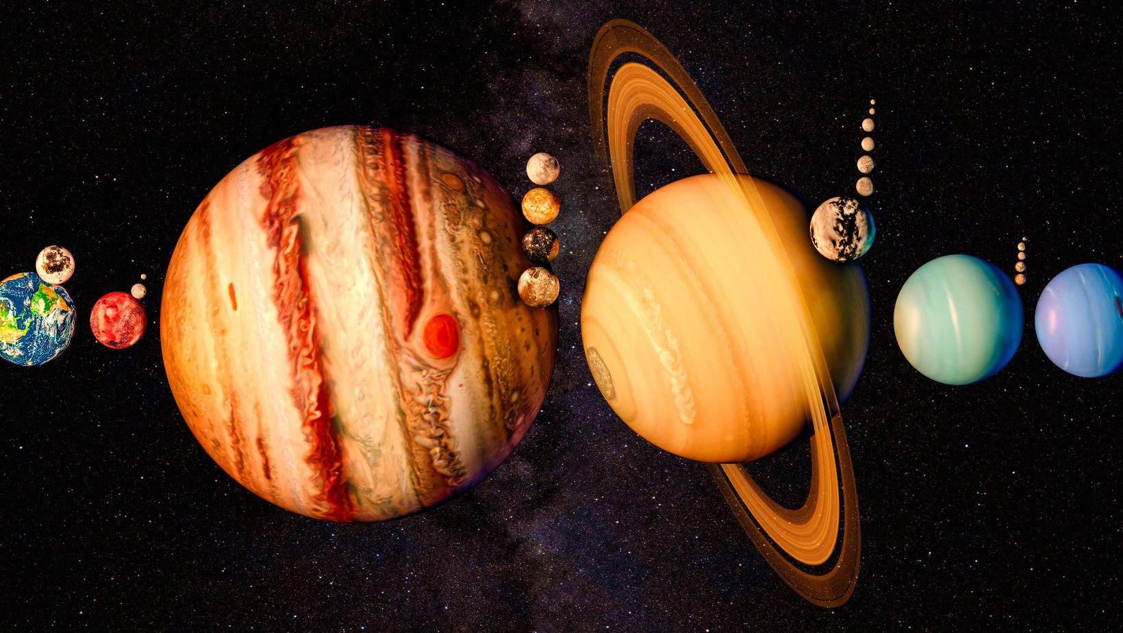 Sistema solar con planetas en línea, incluyendo Júpiter y Saturno con anillos, en un fondo de estrellas y espacio profundo.