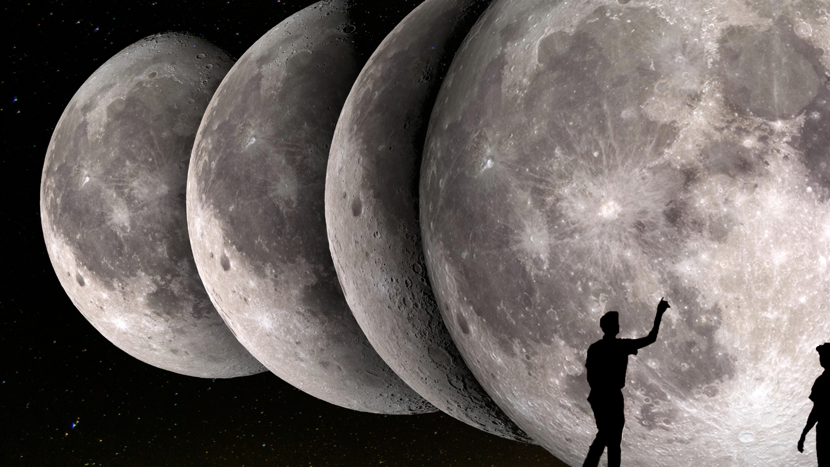 Ilustración de eclipses lunares con un tamaño creciente de la luna en el fondo y dos siluetas humanas en primer plano.