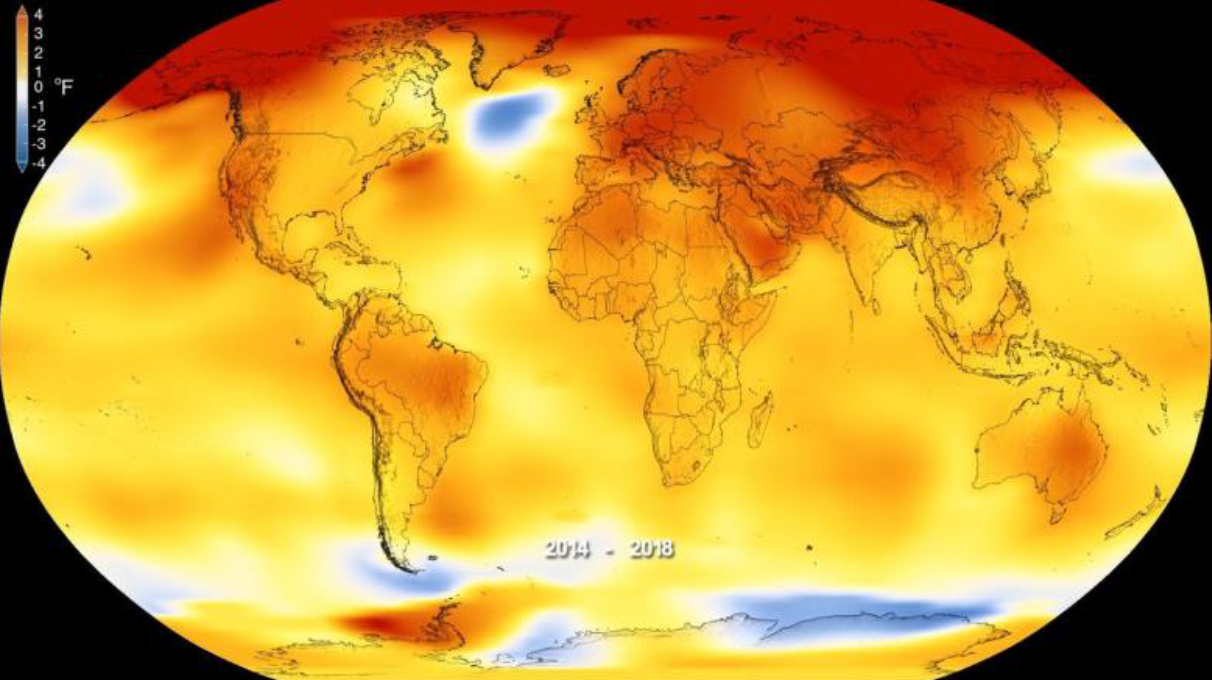 Temperature differences from normal around the globe for the planet averaged&nbsp;over the past five years (2014-2018). (NASA)&nbsp;