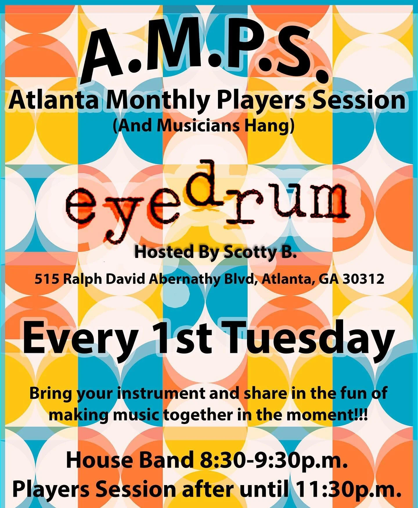 Hey music lovers, listen up! TONIGHT is the night you've been waiting for - Atlanta Monthly Players Sessions (AMPS) at eyedrum hosted by the one and only Scotty B.

Get ready to vibe with the house band as they take the stage at 8:30 pm sharp and jam
