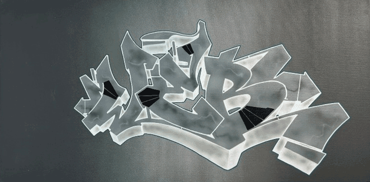 Thomas Web, Gray Matter, 2026. Spray paint, paint marker, airbrush on canvas, 18” X 36”. Price: $1000