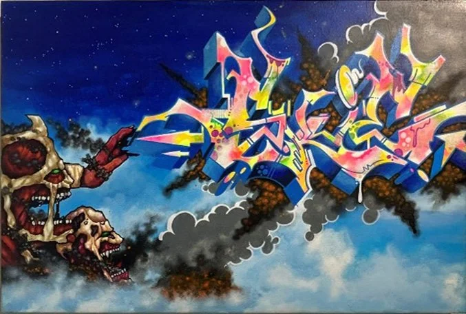 Skie, Attack On Titan, 2026. Oil, paint marker, acrylic on canvas, 24” X 12”. Price: $1650