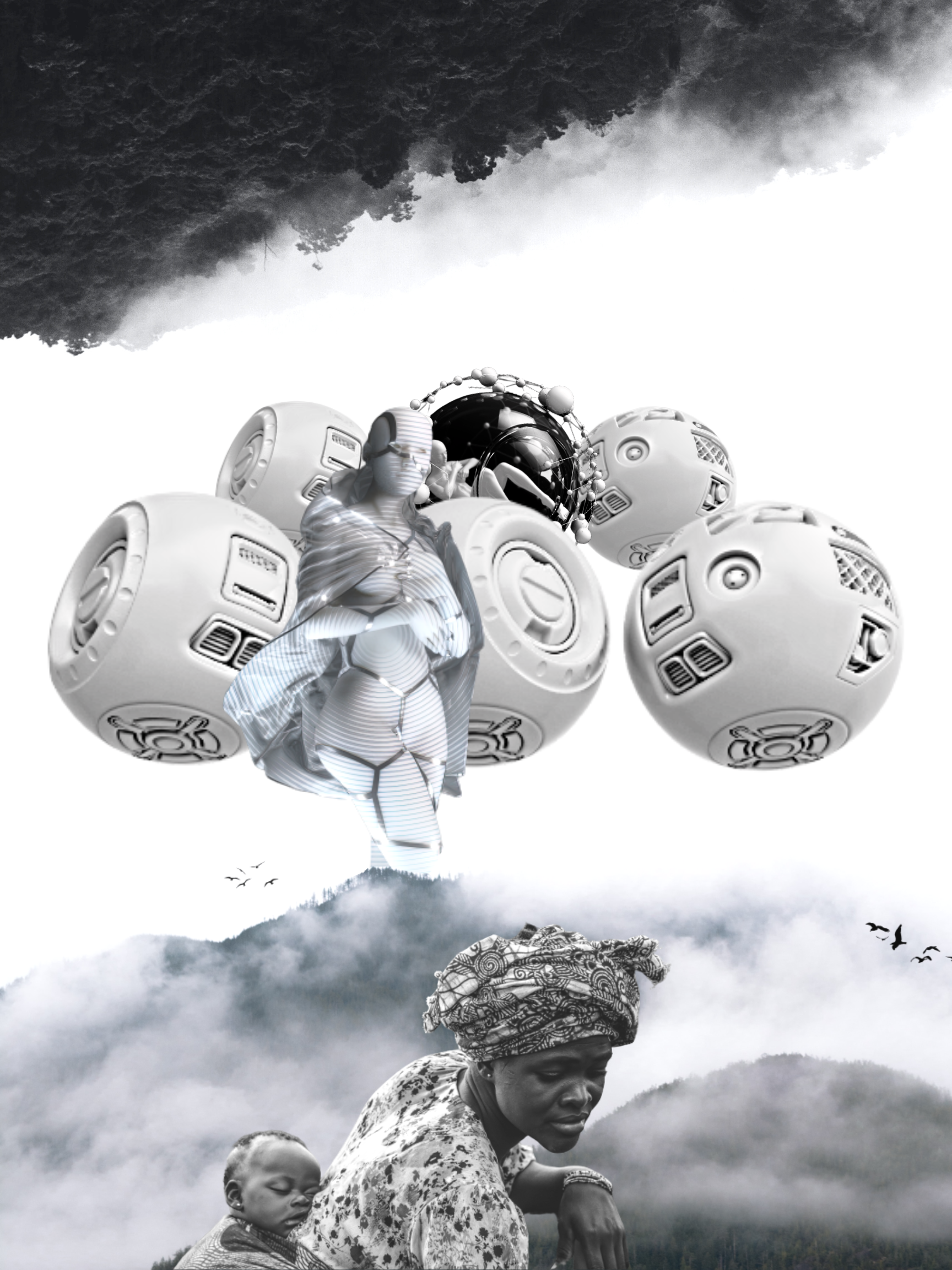 Black silver and white digital collage of galactic creature in the sky, above a black woman with wrapped hair and a baby