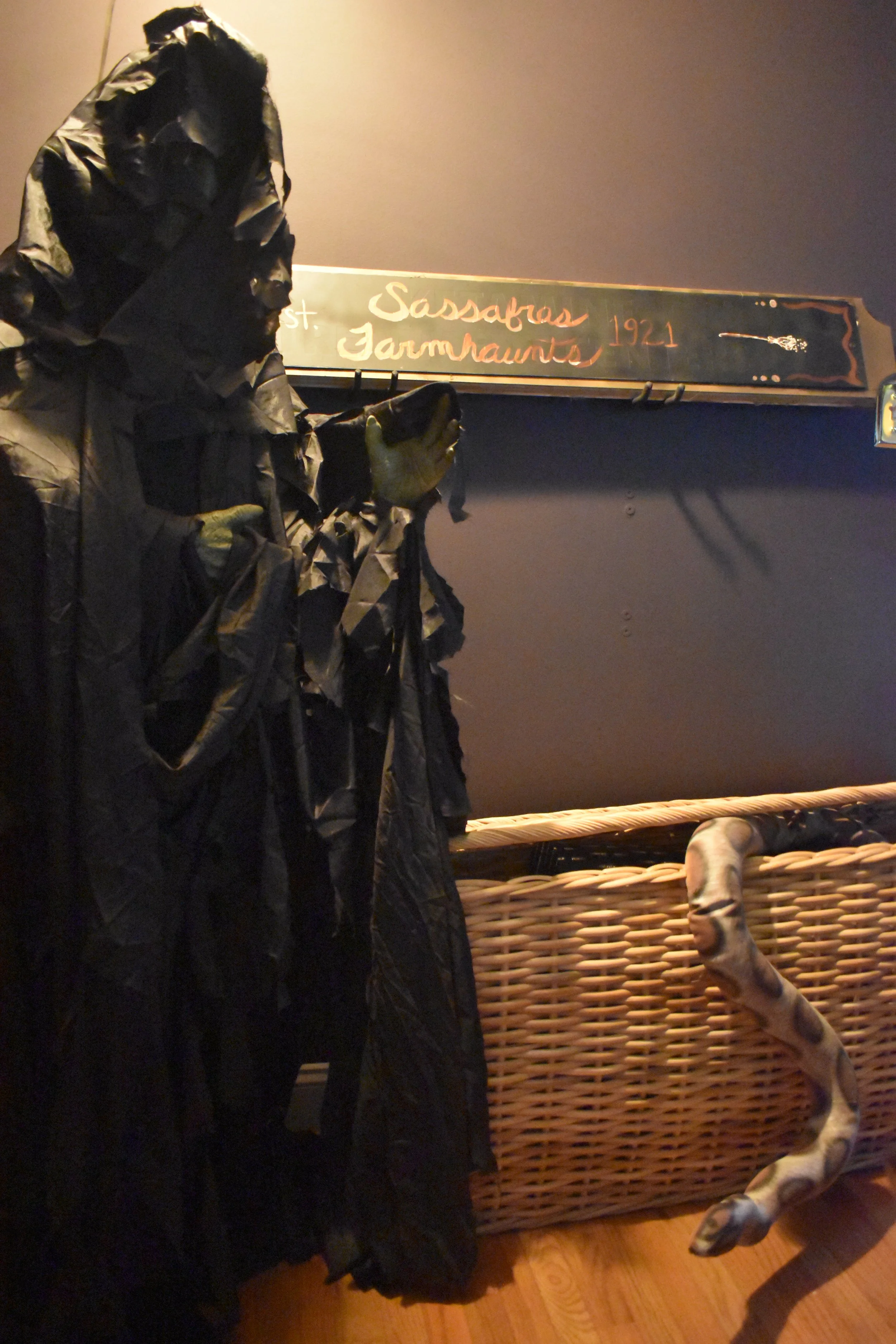 a hooded figure in black robes stands next to a Sassafras Farmhaunts sign and a fake snake coming out of a wicker basket