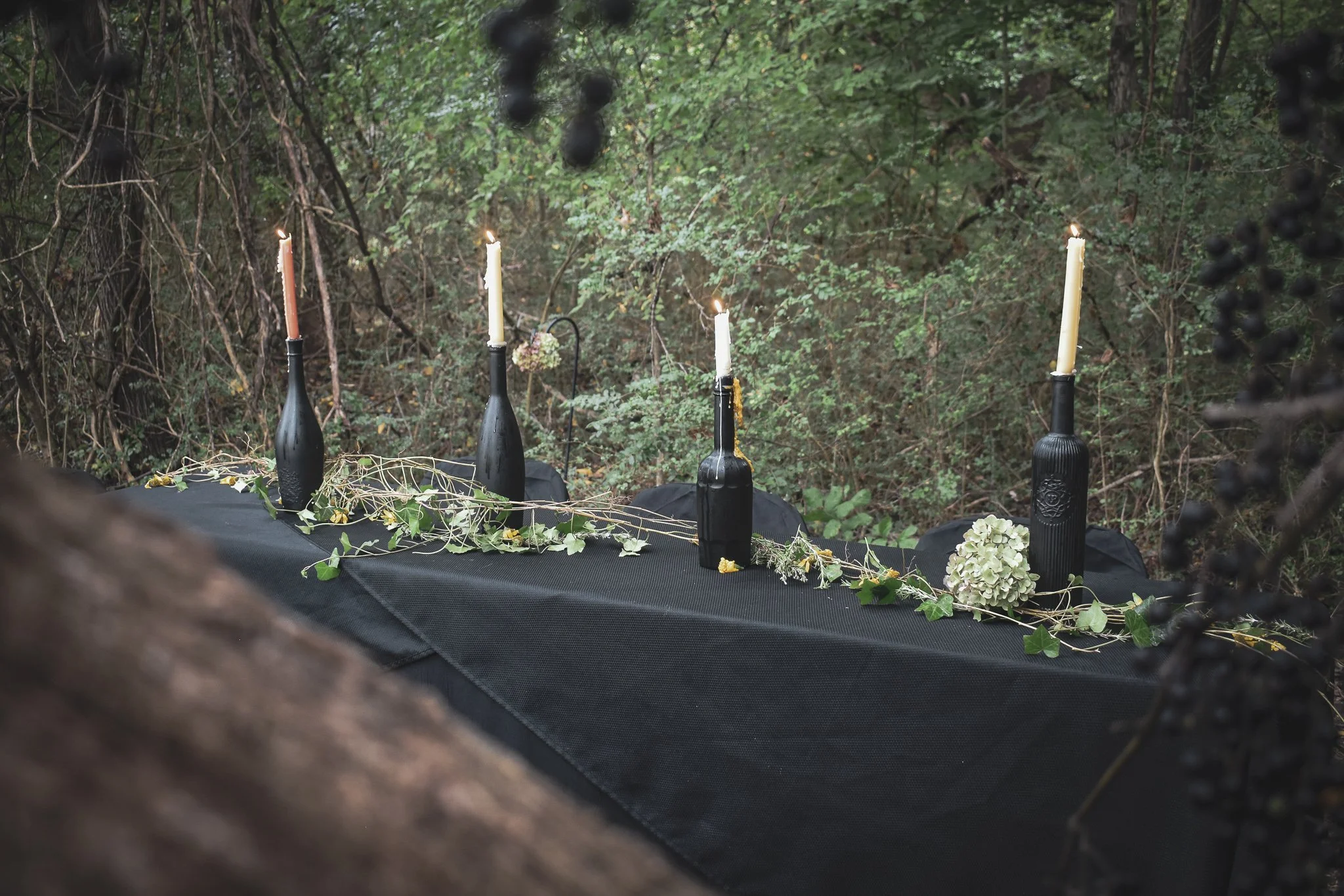 Set of wine bottles on a long table in the woods
