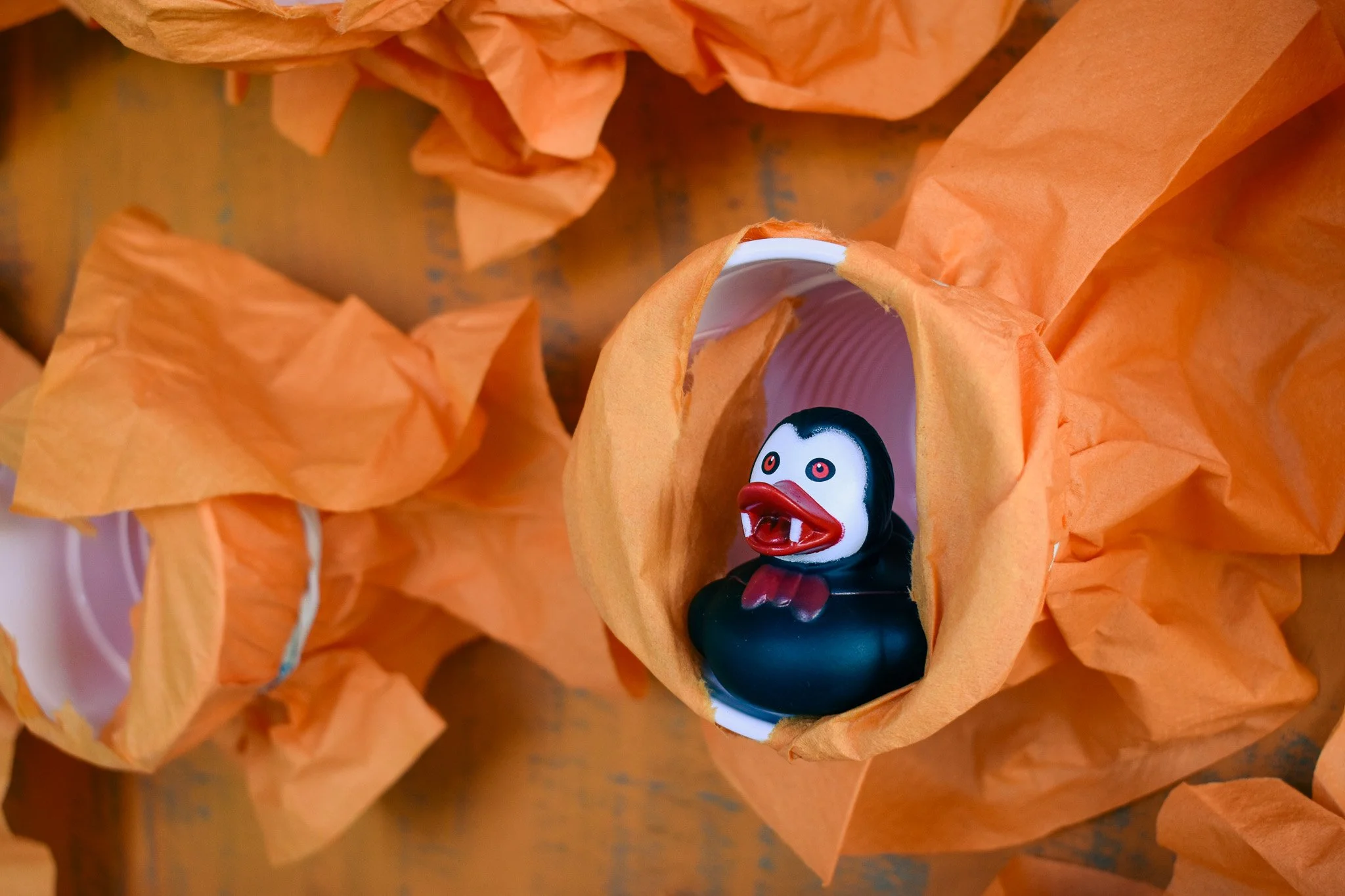 a closeup of a punch prize game revealing a vampire rubber duck