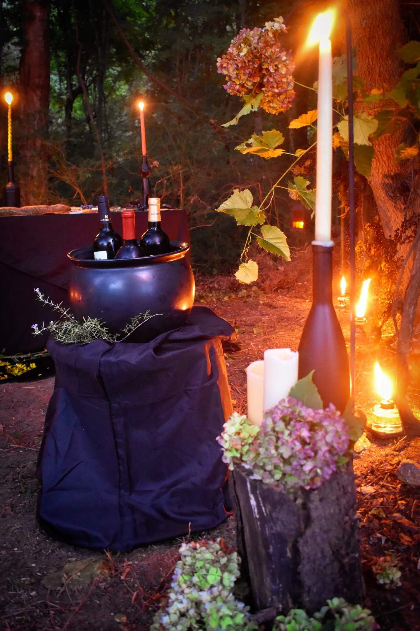 The foreground has stumps with hydrangea flowers draped across and candles in black bottles. Lanterns line up to the back of the photo. in the middle is a black table with a cauldron holding bottles of wine. Behind is a large table in front of trees.