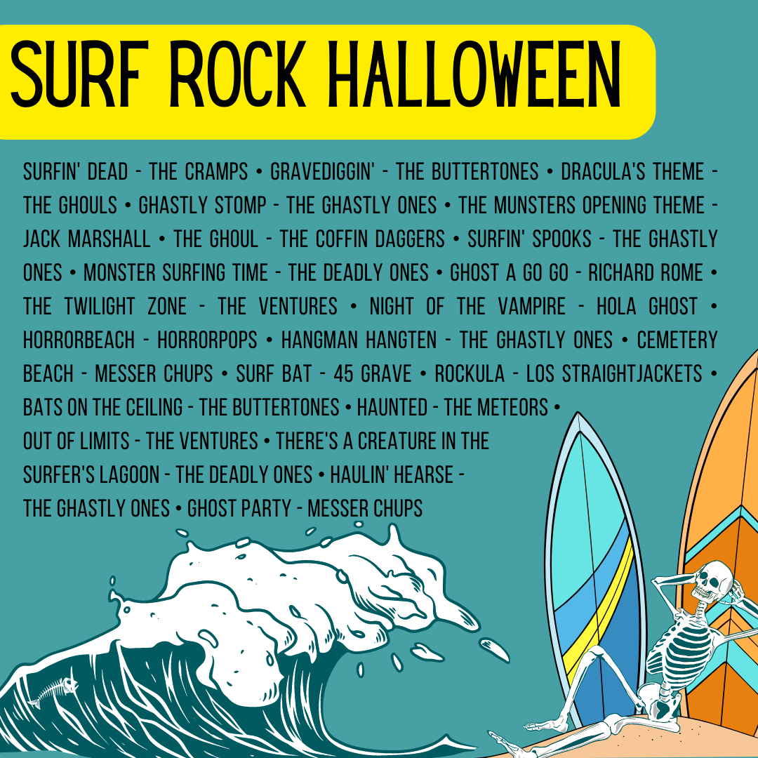 A blue background with a wave crashing onto a beach. A skeleton is propped up against surf boards.