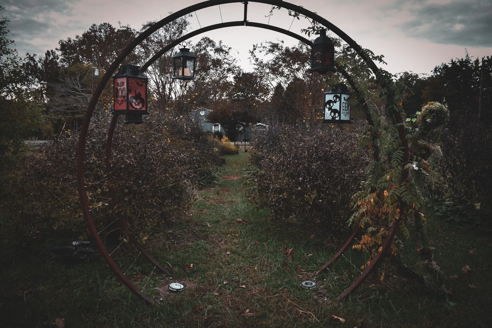 Moon gate with hanging lanterns