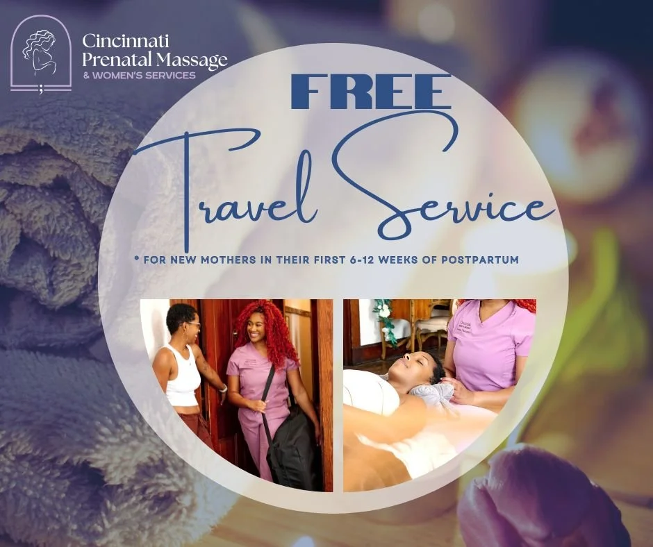 A flyer for Cincinnati Prenatal Massage offers free travel services for new mothers in their first 6-12 weeks postpartum, featuring images of a woman with two children and a woman receiving a massage.