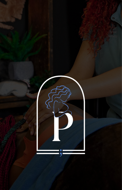 A healthcare professional providing a treatment or therapy session, with a logo of a woman's profile and the letter 'P' overlayed on the image.