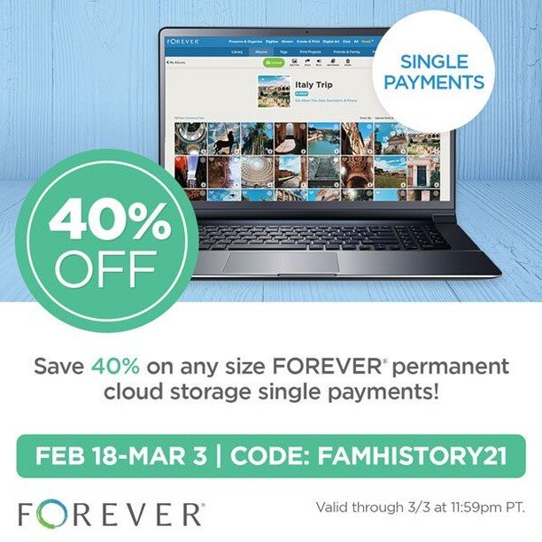 Use promo code FAMHISTORY21 through March 3 at 11:59pm PT 

Get this deal here:  https://www.forever.com/ambassador/lifelongphotovation/deals