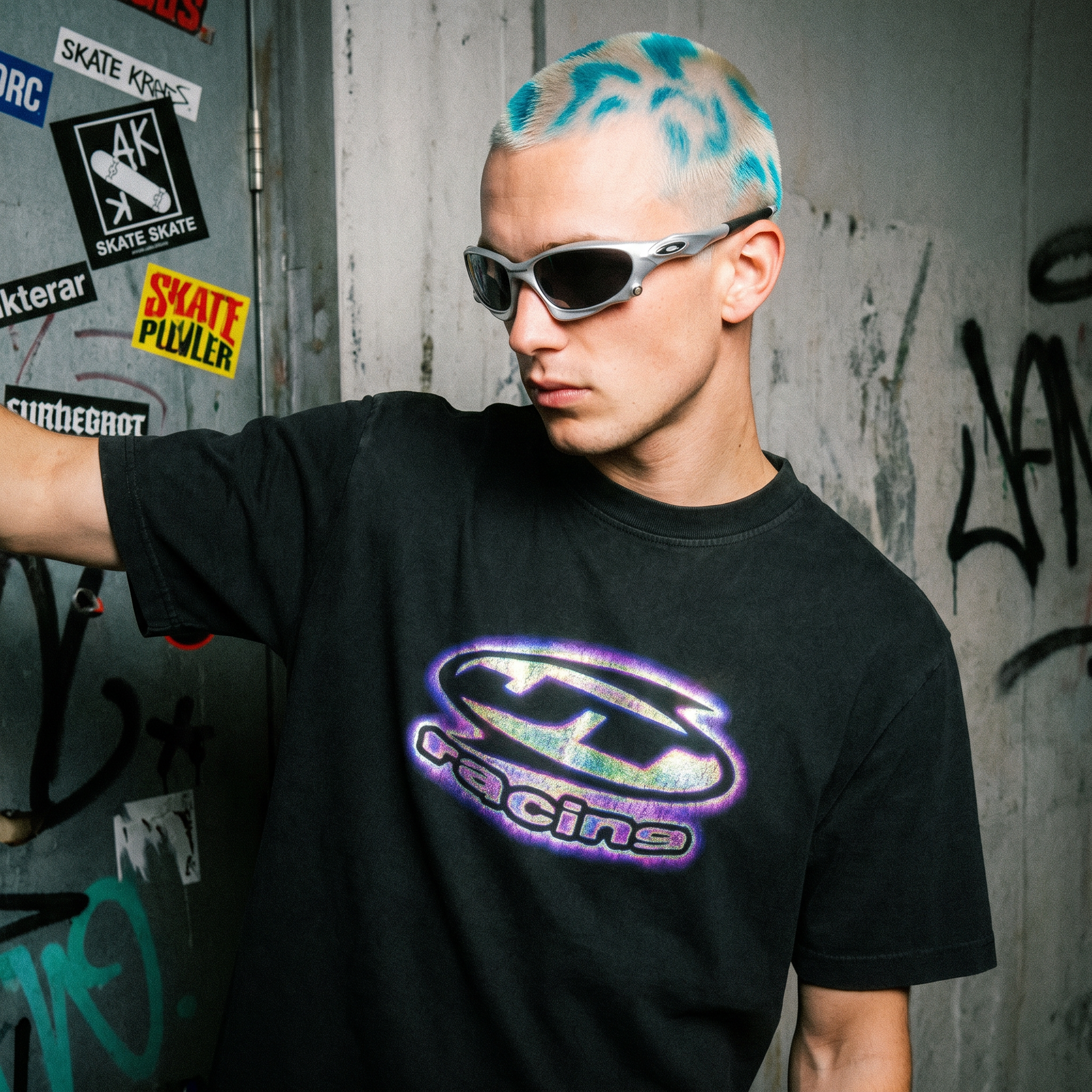 Generated with Kive.ai - Black graphic t-shirt_ YOUNG WHITE ATHLETIC MALE WITH SILVER OAKLEY SUN GLASSES ON_ SHAVED AND DIED HAIR_ STREETWEAR SKATE STYLE.png