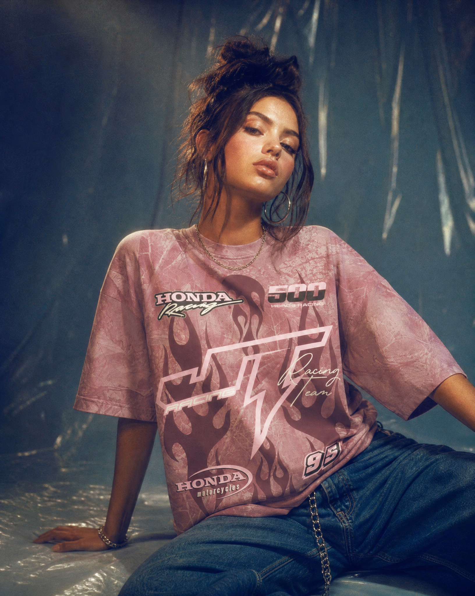Generated with Kive.ai - female model Pink racing t-shirt.png