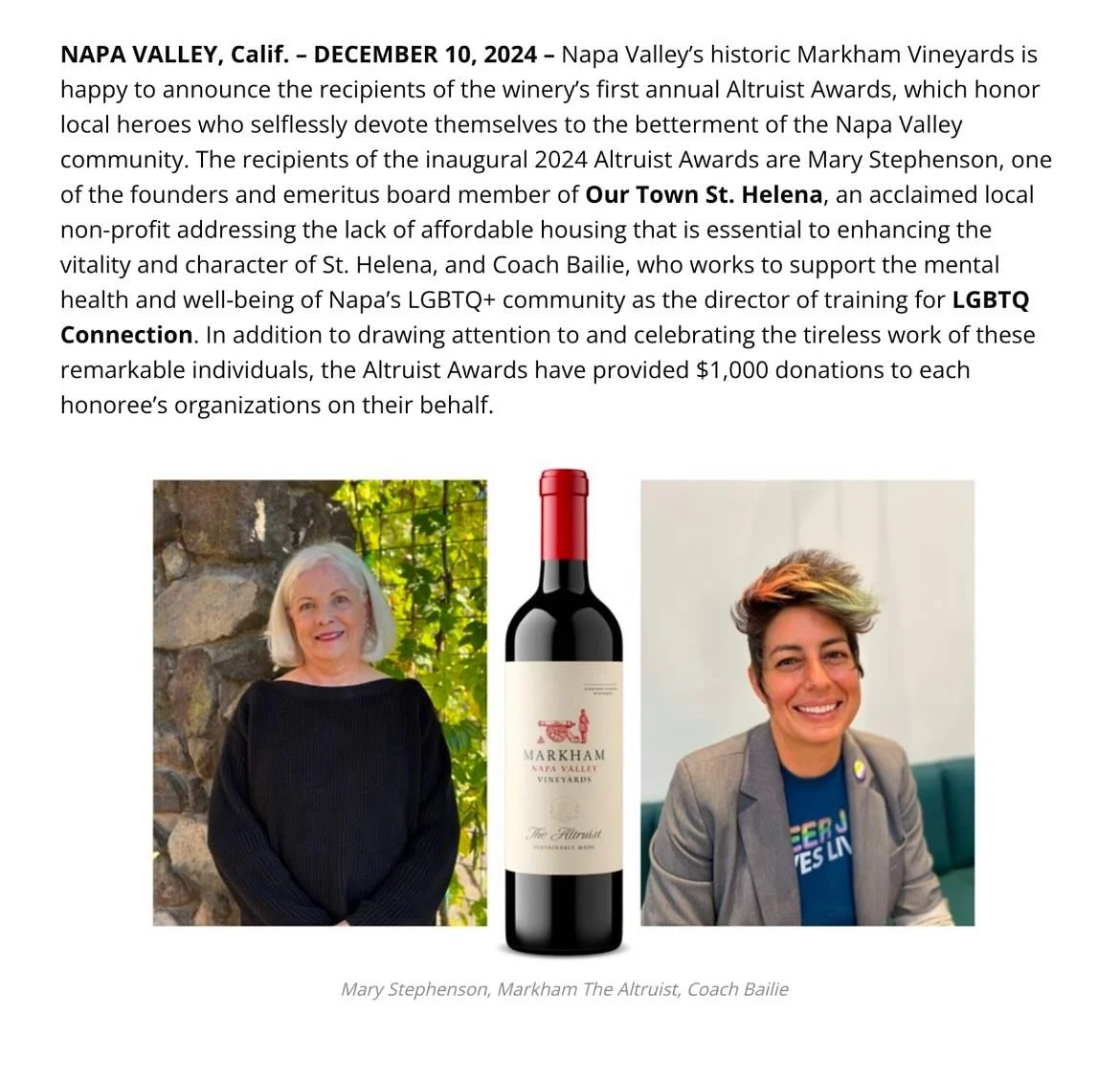 In case you missed it!!! 
Coach Bailie was one of the two recipients of the inaugural 2024 Altruist Award given by Markham Vineyards!
Thank you for all that you do, we love you! 🌈💜