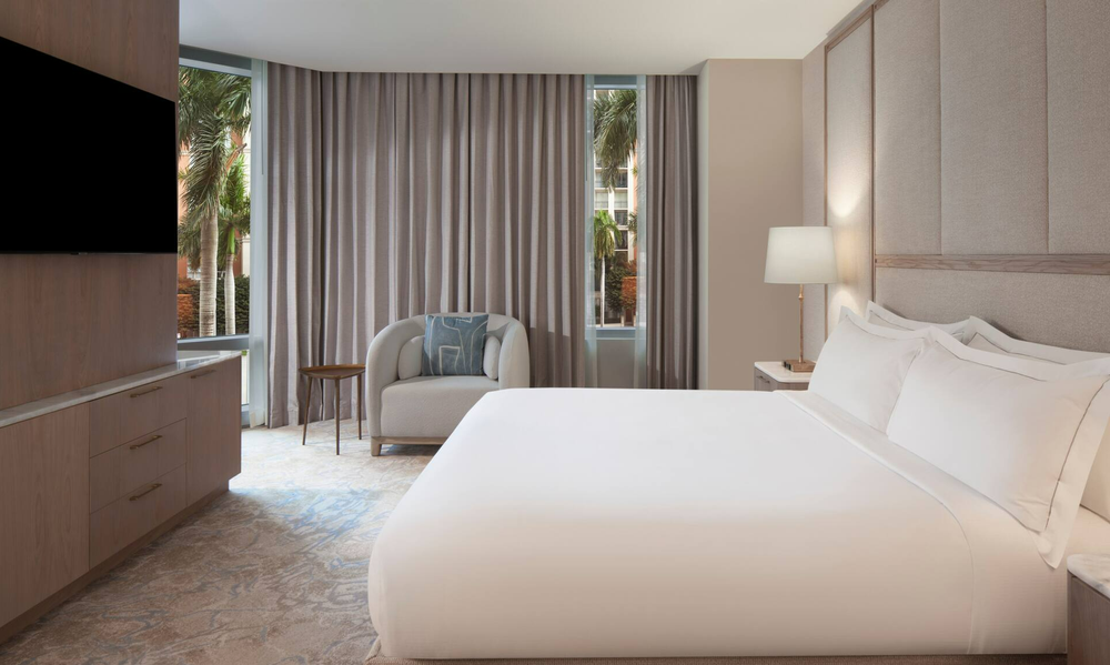  Modern hotel interiors inside Hilton West Palm’s executive floor suites. 