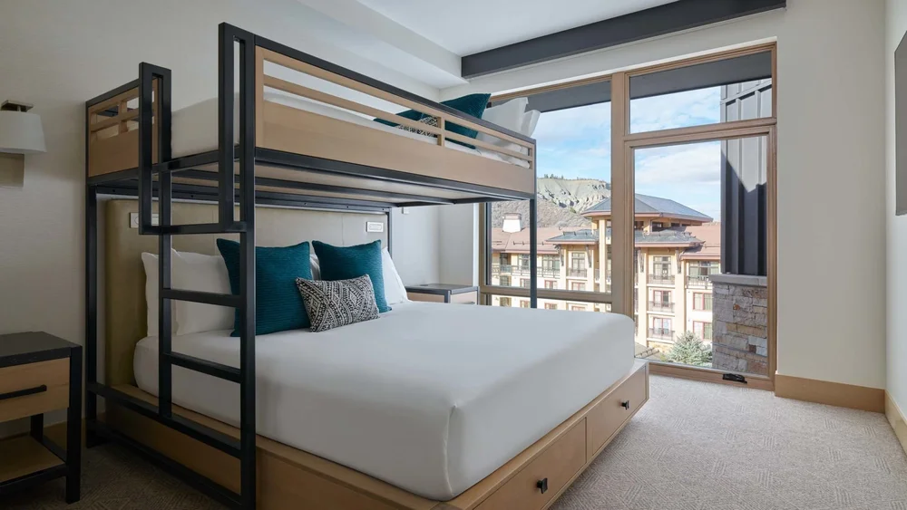  Minimalist hotel furniture at the Cirque Residences in the Cirque Tower at Viceroy Snowmass, in Aspen, Colorado 