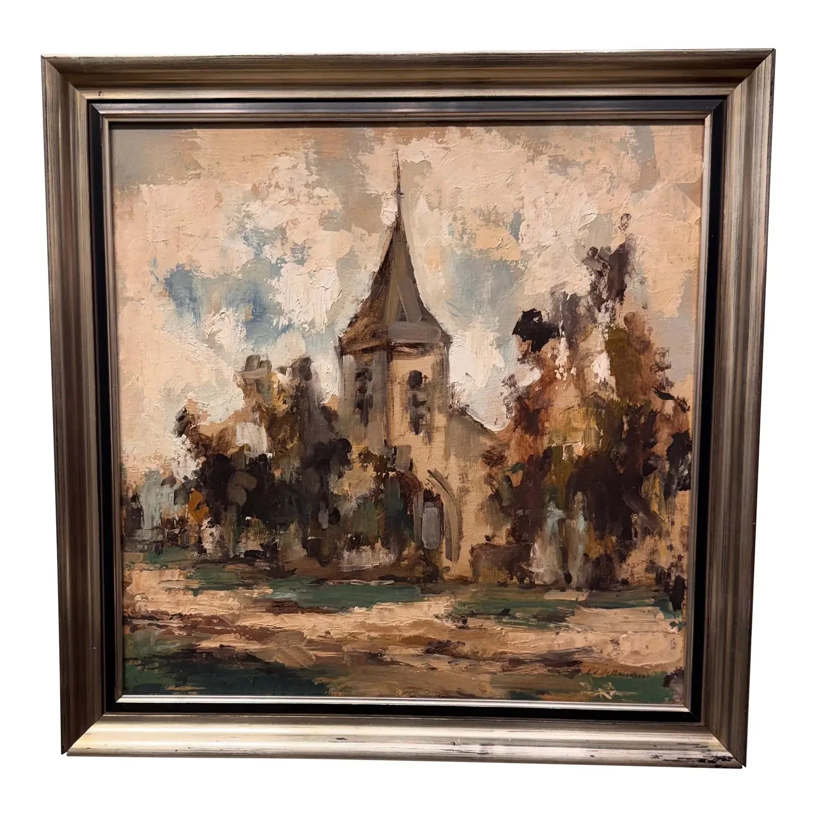 20th Century Oil on Board "Small Chapel at Grimberghe"
