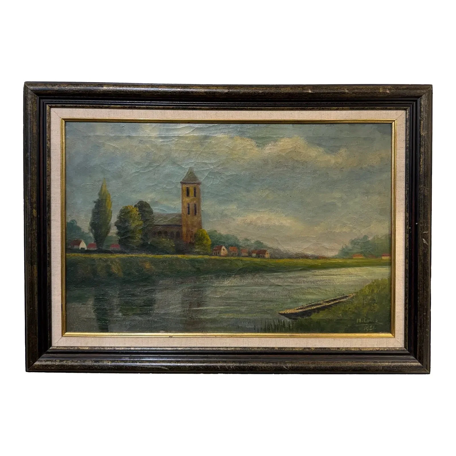 Antique English Oil on Canvas Distant Village