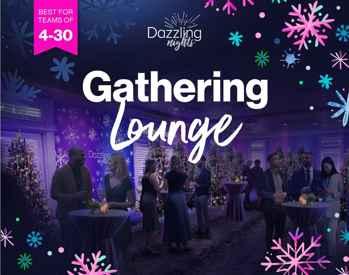 Gathering Lounge — best for teams of 4 to 30. A holiday-decorated lounge with cocktail tables and lit trees.