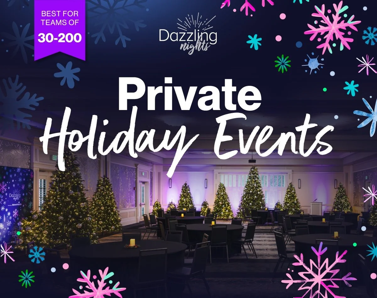 Private Holiday Events — best for teams of 30 to 200. A ballroom dressed with lit Christmas trees and round banquet tables.