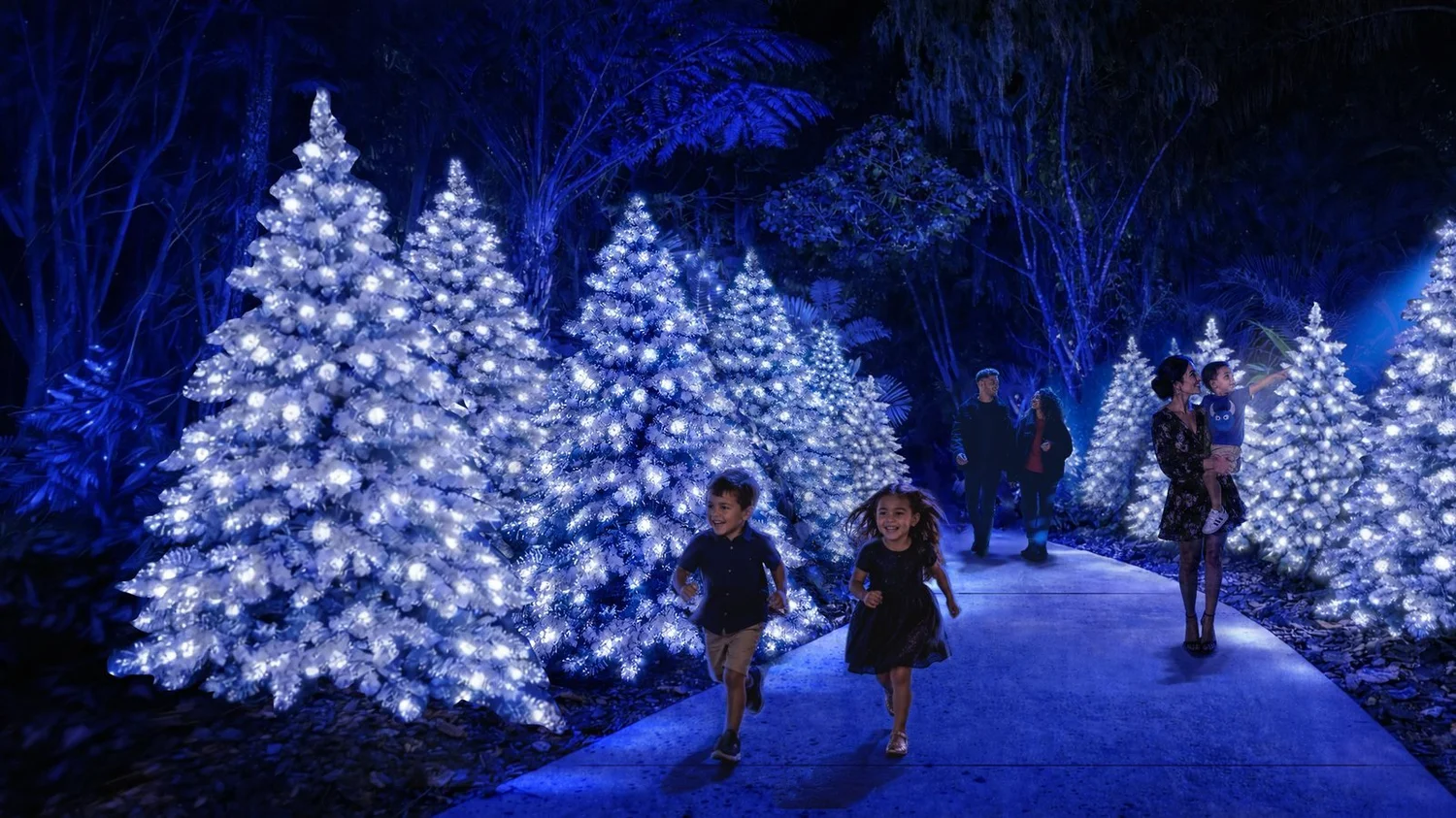Polar Nights, frosted trees glowing in blue light