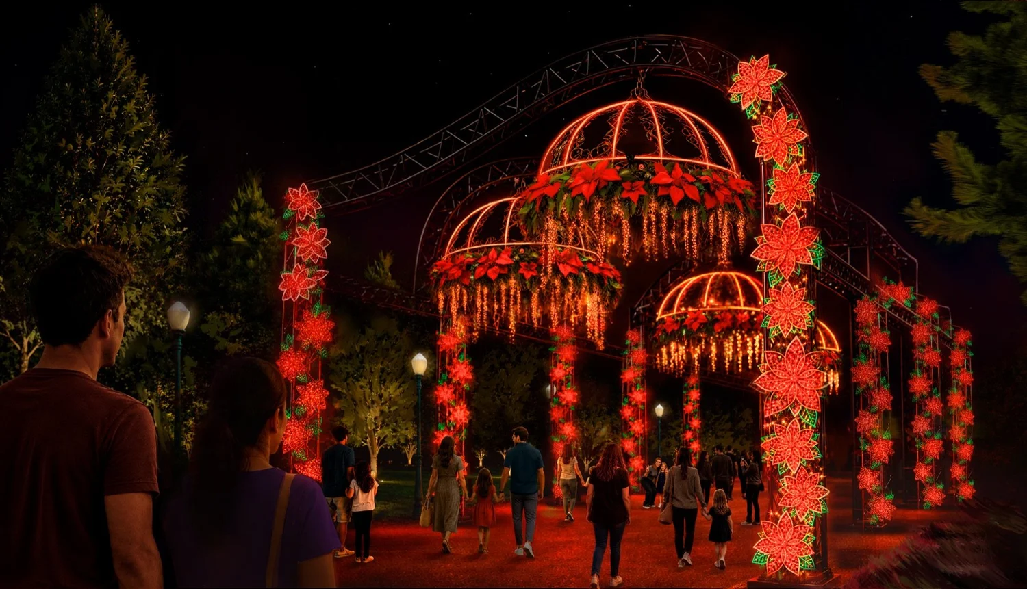 Poinsettia Promenade, a 60-foot tunnel of illuminated poinsettias