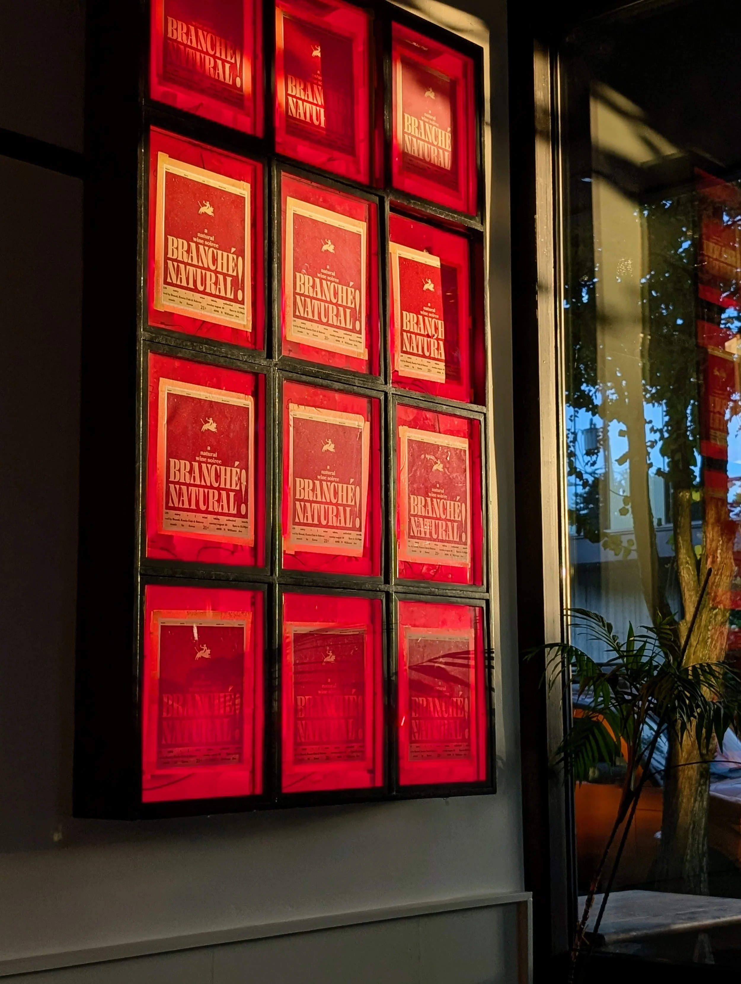 Display of multiple red framed posters with the text "Branche Natural" and a small animal logo, illuminated from behind, on a wall near a window with some trees visible outside.