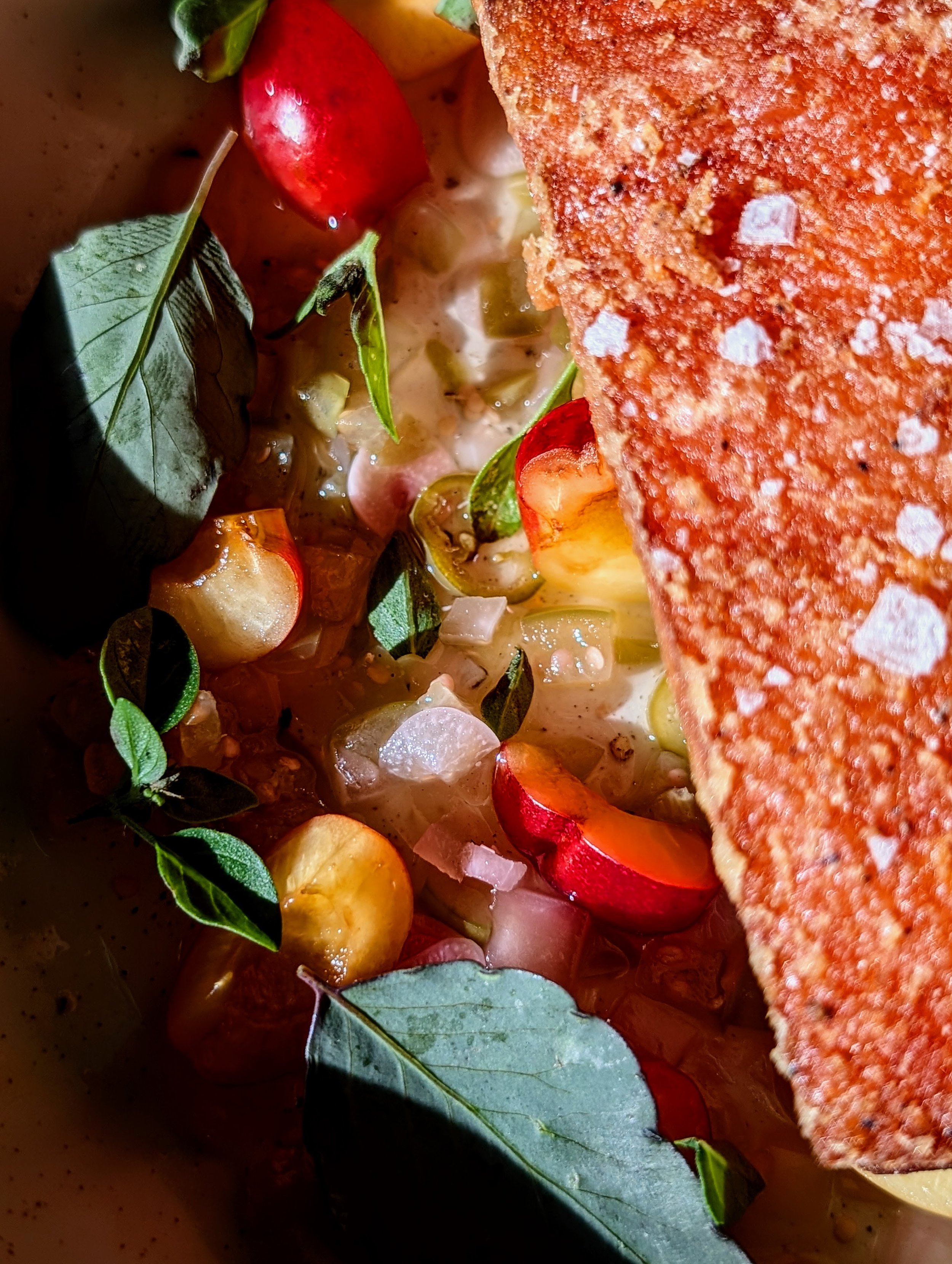 Close-up of a food dish with sliced red and yellow cherry tomatoes, green basil leaves, and a large piece of toasted bread.