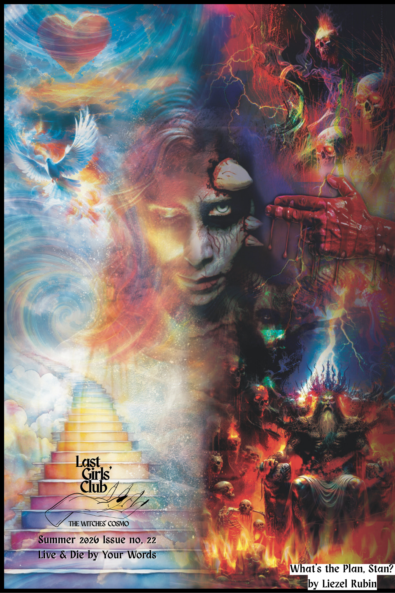 Summer issue magazine cover featuring a Goddess like woman with four quadrants depicting birds, stairways and demons.