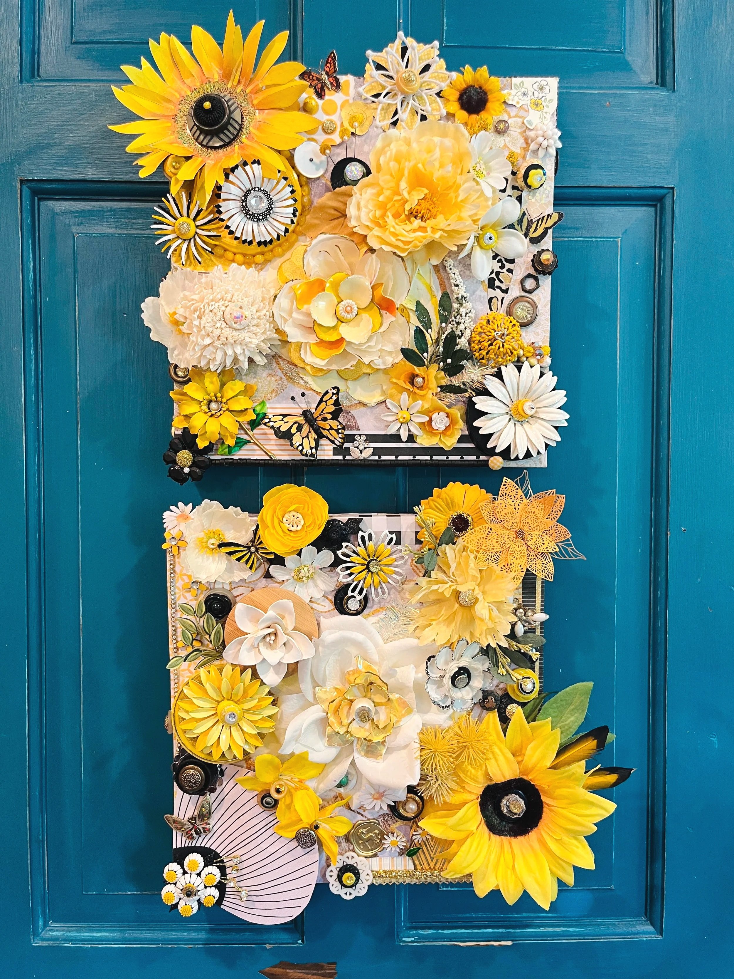 "Sunshines"  
Side by side, through ups and downs, a kindred pair brings warmth to brighten your day.
Mixed Media ~ two 12x12 canvas
SOLD ~ Private Collection