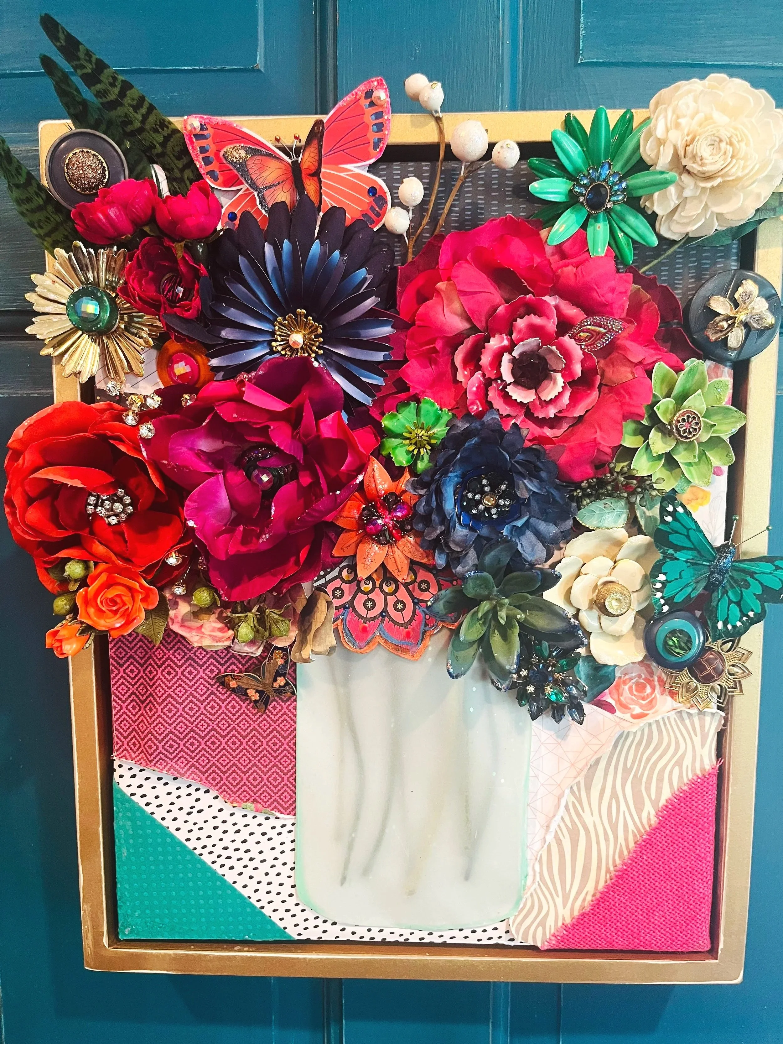 "Garden Jewels"
Dazzling rich color and jeweled details gather into a generous bouquet.  
Mixed Media ~ 11 x 16 framed canvas 
SOLD ~ Private Collection