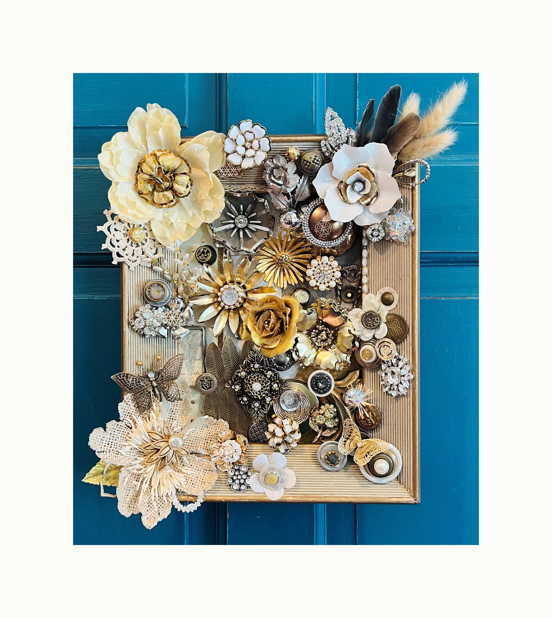 "Gilded Garden"  
Unexpected treasures emerge within and beyond the frame, revealing a gilded garden.
Mixed Media ~ 9x11 canvas with gold wood frame.
Available - price upon request