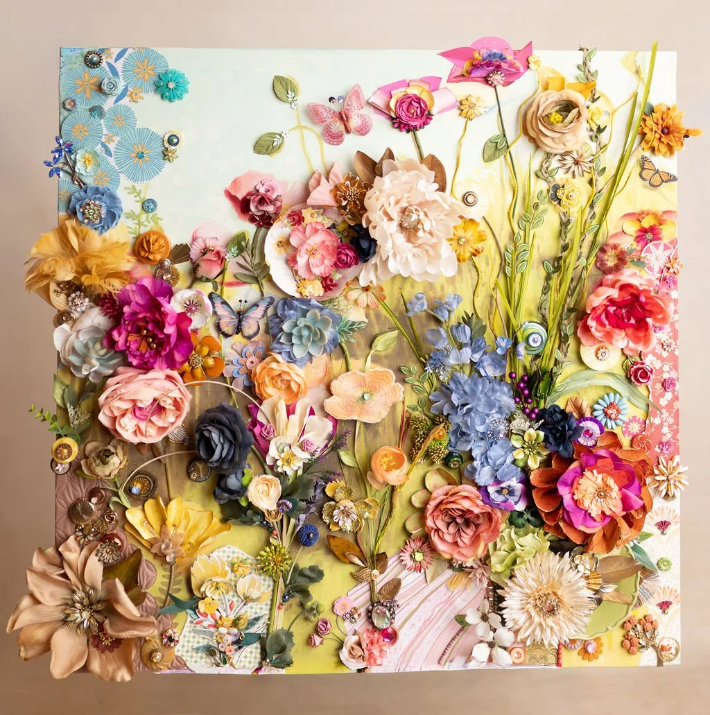 "Kinda Wild"
Color and gathered treasures swirl into a garden growing upward, outward and wonderfully wild.
Mixed Media ~ 32" x 32" canvas
SOLD - Private Collection
