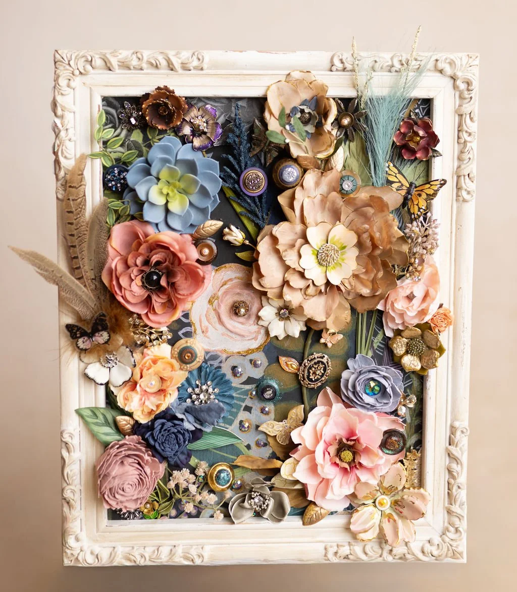 "Unfurl"  
Soft color and gathered textures unfurl beyond ornate boundaries, revealing unexpected blooms.
Mixed Media ~ 12 x 34 canvas with frame  
Available - price upon request