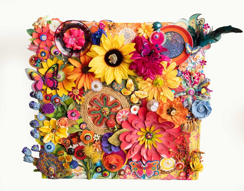 "Summer Garden"
Summer’s exuberant tangle of color, textures and treasures grows beyond the edges in a joyful jumble.  
Mixed Media ~ 20 x 20 canvas
Available - price upon request 