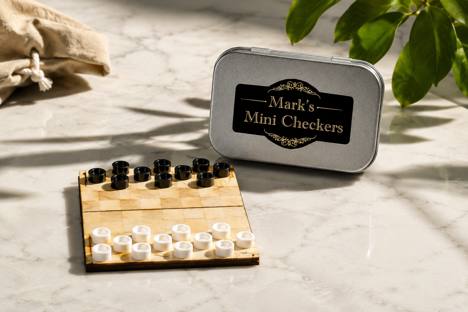 Mark's Mini Checkers set with wooden checkerboard, black and white pieces, and metal storage tin