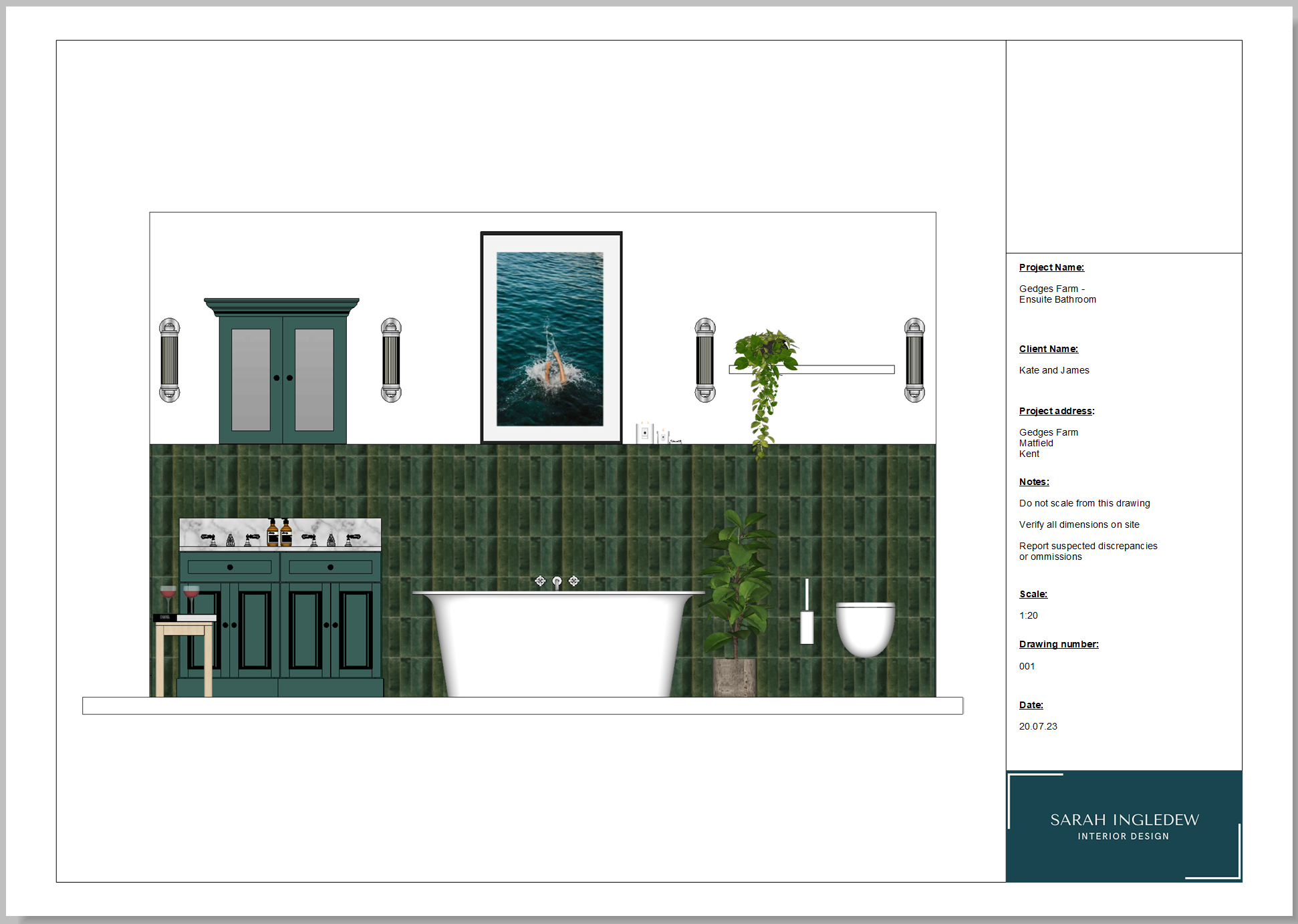 Interior bathroom design with green tiled walls, freestanding bathtub, white toilet, green cabinets with two bottles, wall-mounted lights, framed water picture, green plants, and a blue door.