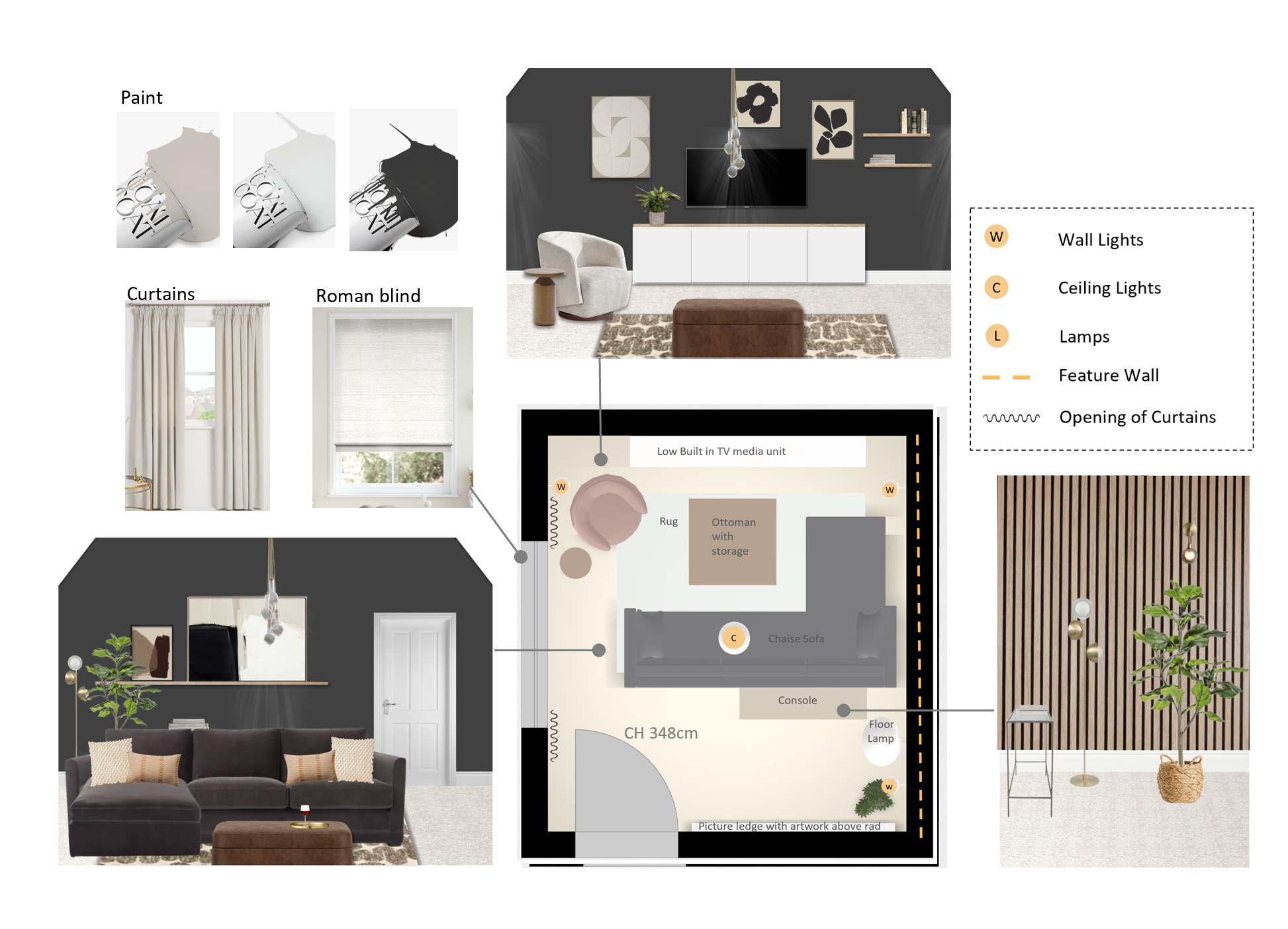 Interior design layout of a living room, showing furniture, lighting, window coverings, and decorative elements with labels and color codes.