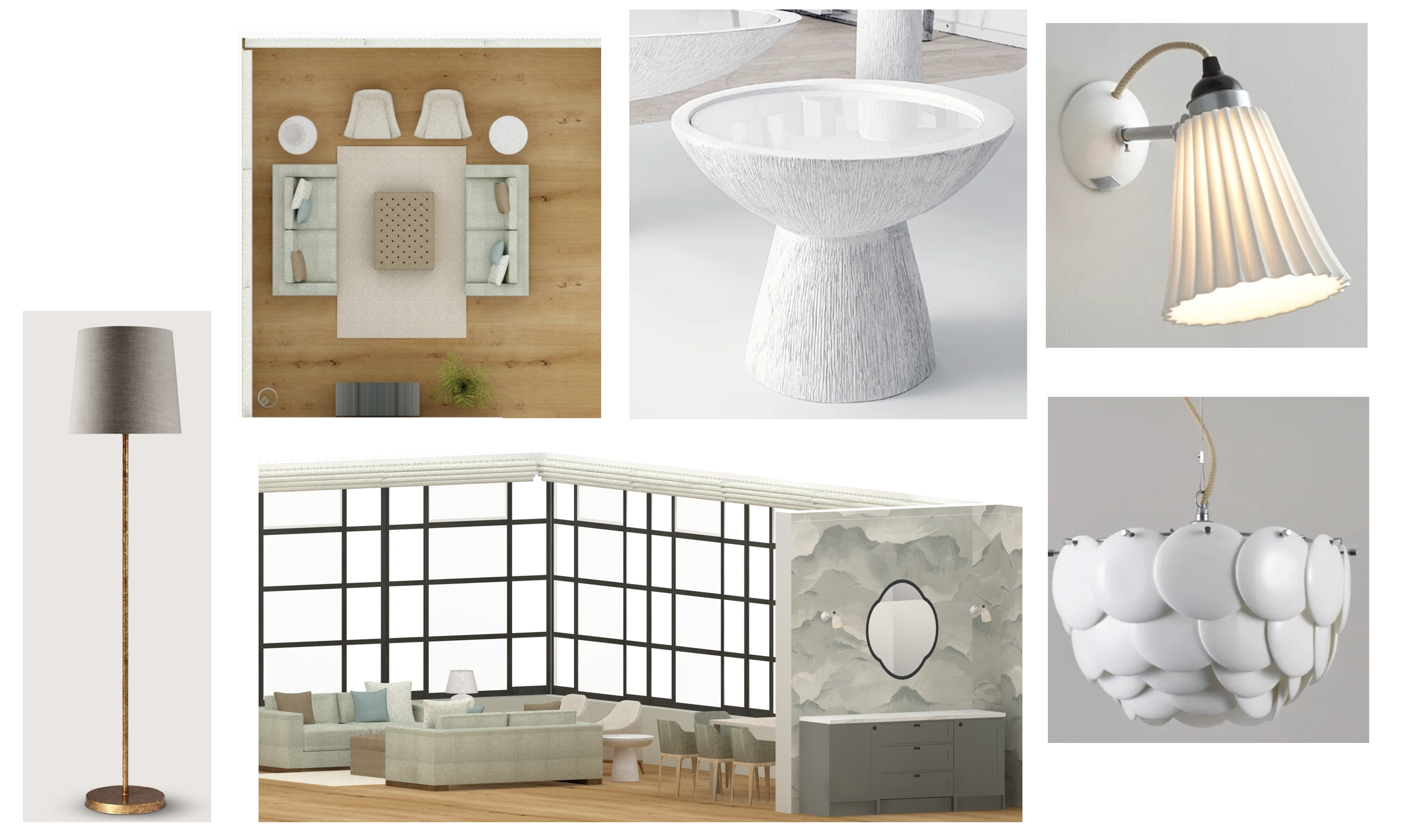 Collection of modern interior design objects including ceiling and wall lamps, a round side table, a floor lamp, and a view of a spacious living room with large windows, seating area, and decorative wall art.