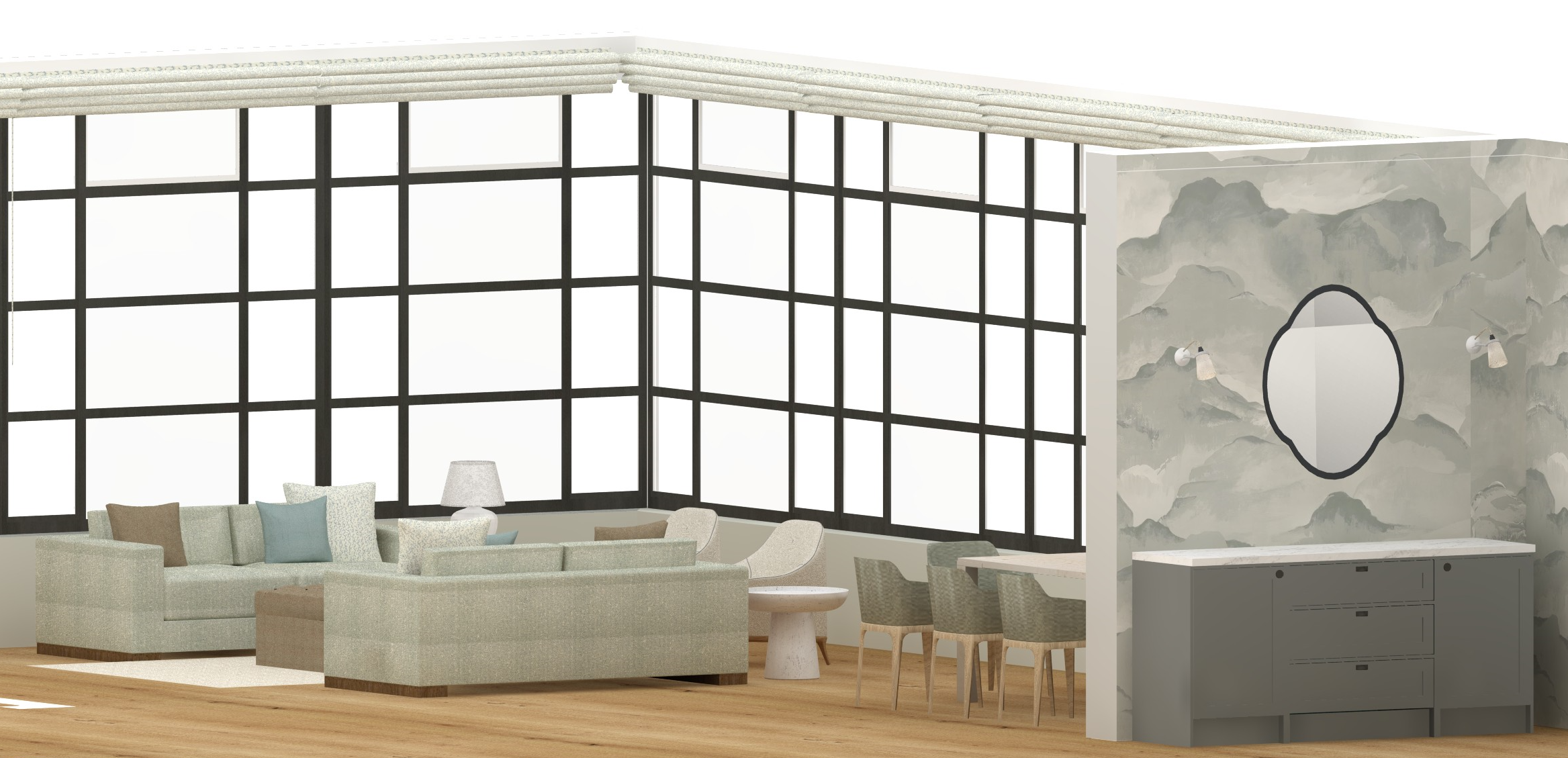 Modern living room with large grid-style windows, beige sectional sofa, small side table with lamp, wooden flooring, and a gray sideboard with a mirror on a wall with cloud-patterned wallpaper.