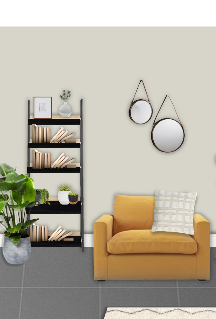 Living room with a yellow sofa, a black bookshelf with books and potted plants, two round mirrors on the wall, a large potted plant, and a gray rug.