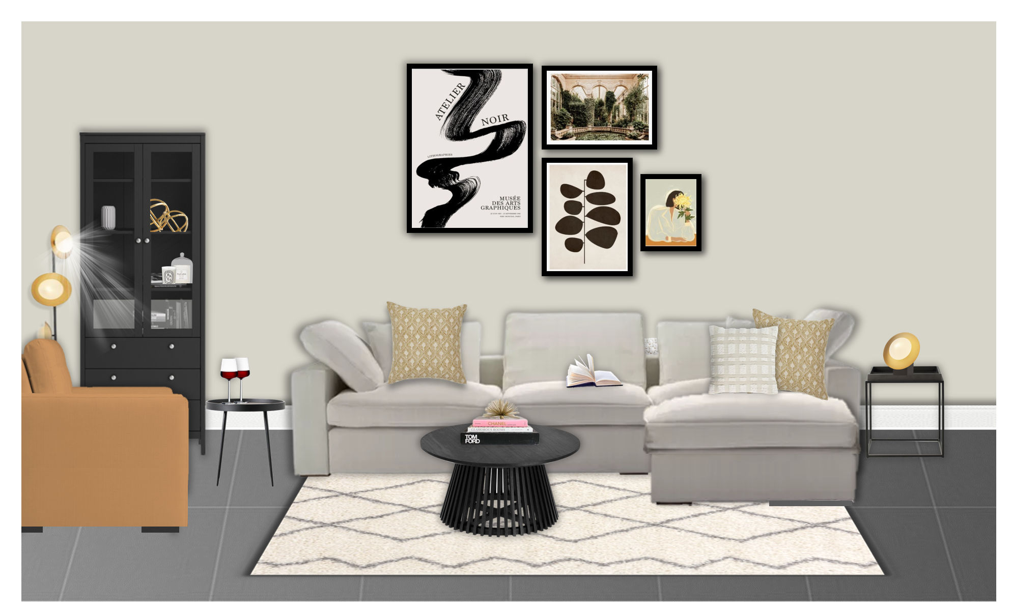 Living room with a beige sectional sofa, decorative pillows, black round coffee table with books and decor, gray and cream area rug, orange armchair, black corner cabinet with decorative items, wall art including black and white posters, and modern l