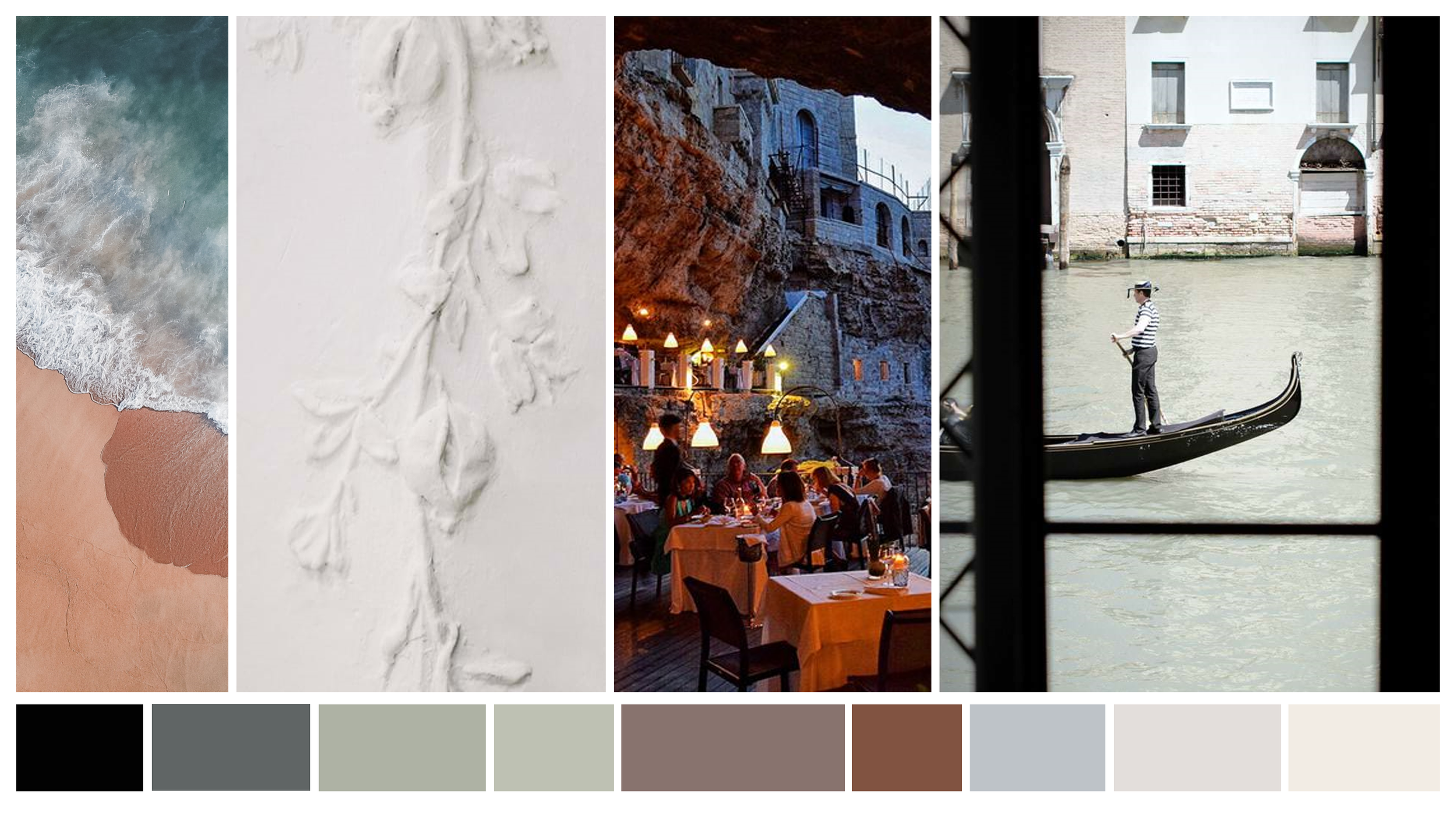 A collage of four photographs showcasing different scenes: the first photo is of ocean waves hitting a sandy beach, the second is a close-up of white textured wall art resembling a branch with leaves, the third depicts an outdoor dinner setting in a 