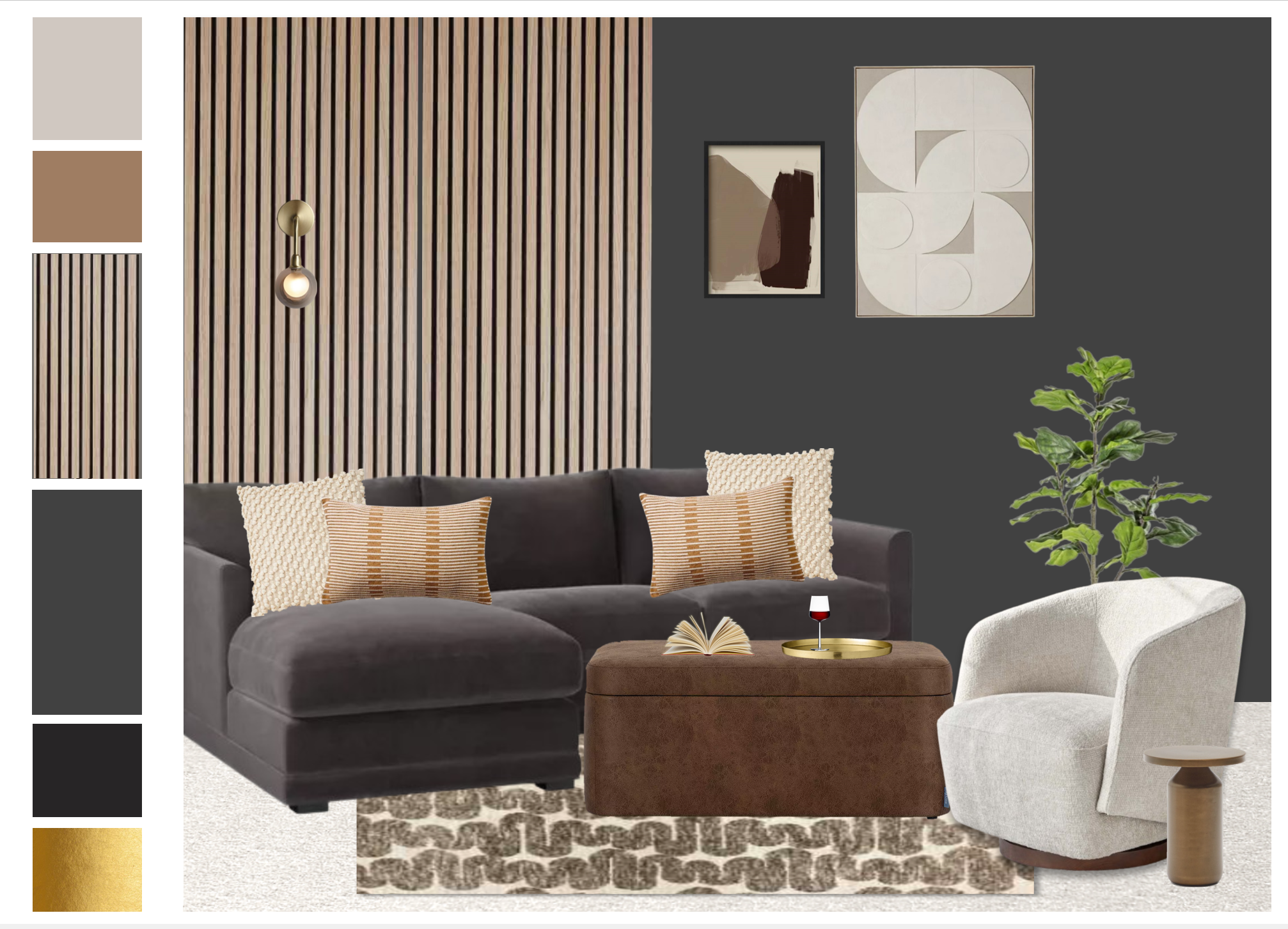 Living room interior with dark gray wall, wooden slat accent wall, beige and brown cushions on a dark gray sectional sofa, abstract art on the wall, white and beige armchair, small side table, patterned rug, potted green plant, and a coffee table wit