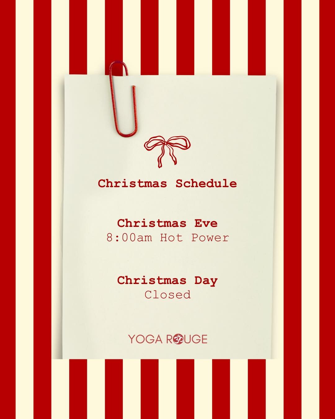 It&rsquo;s Christmas week and we have an altered schedule for Wednesday and Thursday 🎄🎅🏼

&bull;
&bull;
&bull;
#yoga #yogarouge #christmastime #schedulechanges