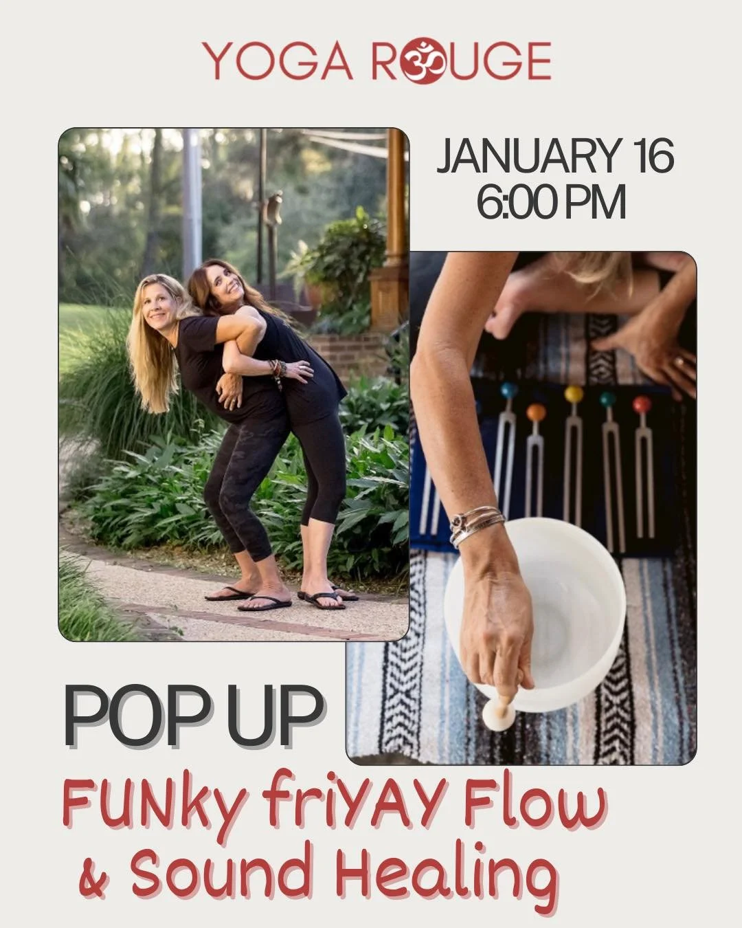 Grab your friends and join us for a Pop Up class on Friday at 6:00pm! It&rsquo;s FUNky friYAY Flow &amp; Sound Healing!🤸🏻&zwj;♀️

First half of the class is a fun, funky stretch and flow with music to match taught by Dana. Second half of the class 