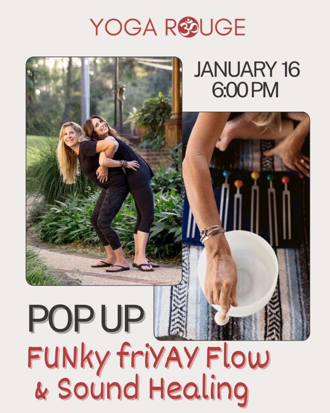 Grab your friends and join us for a Pop Up class on Friday at 6:00pm! It&rsquo;s FUNky friYAY Flow &amp; Sound Healing!🤸🏻&zwj;♀️

First half of the class is a fun, funky stretch and flow with music to match taught by Dana. Second half of the class 