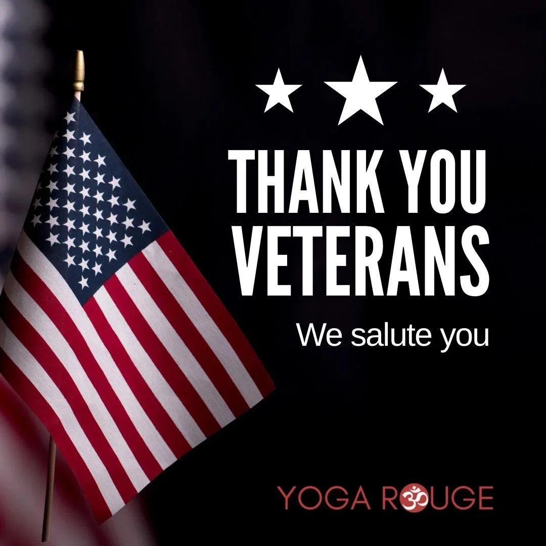 Tuesday we celebrate Veterans Day!
But at Yoga Rouge, every Monday we honor our military! All classes are free for active duty and Veterans on Mondays. Every other day classes are $10 for active duty and Veterans&hearts;️🇺🇸🤍🇺🇸💙

Bring your mili