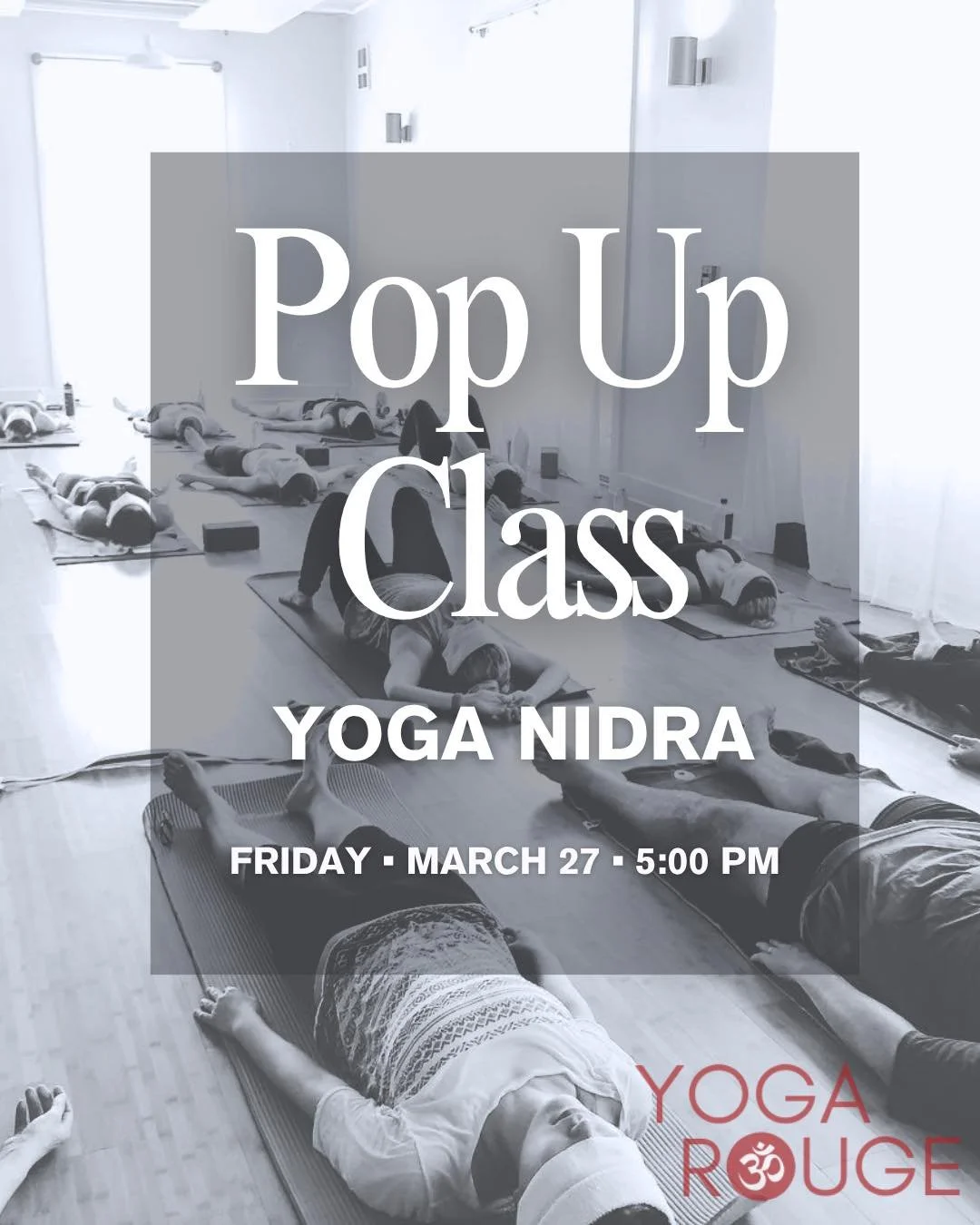 Pop Up Yoga Nidra happening Friday, March 27 at 5:00pm!

Yoga Nidra is a form of guided meditation also known as &ldquo;yogic sleep&rdquo; or &ldquo;effortless relaxation.&rdquo; This yoga practice can restore your body, mind, and spirit and can be t